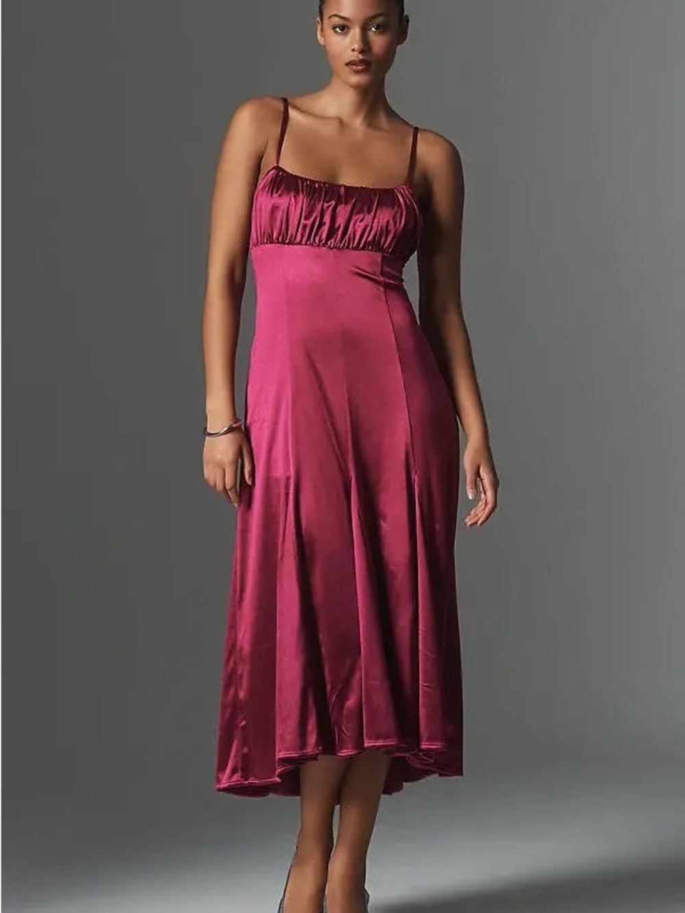 Anthropologie Satin Spaghetti-Strap Midi Slip Dress - Berry